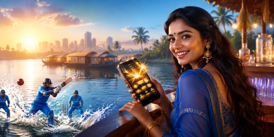 Scenic view of Kerala backwaters with cricket vibes and blue-gold lighting